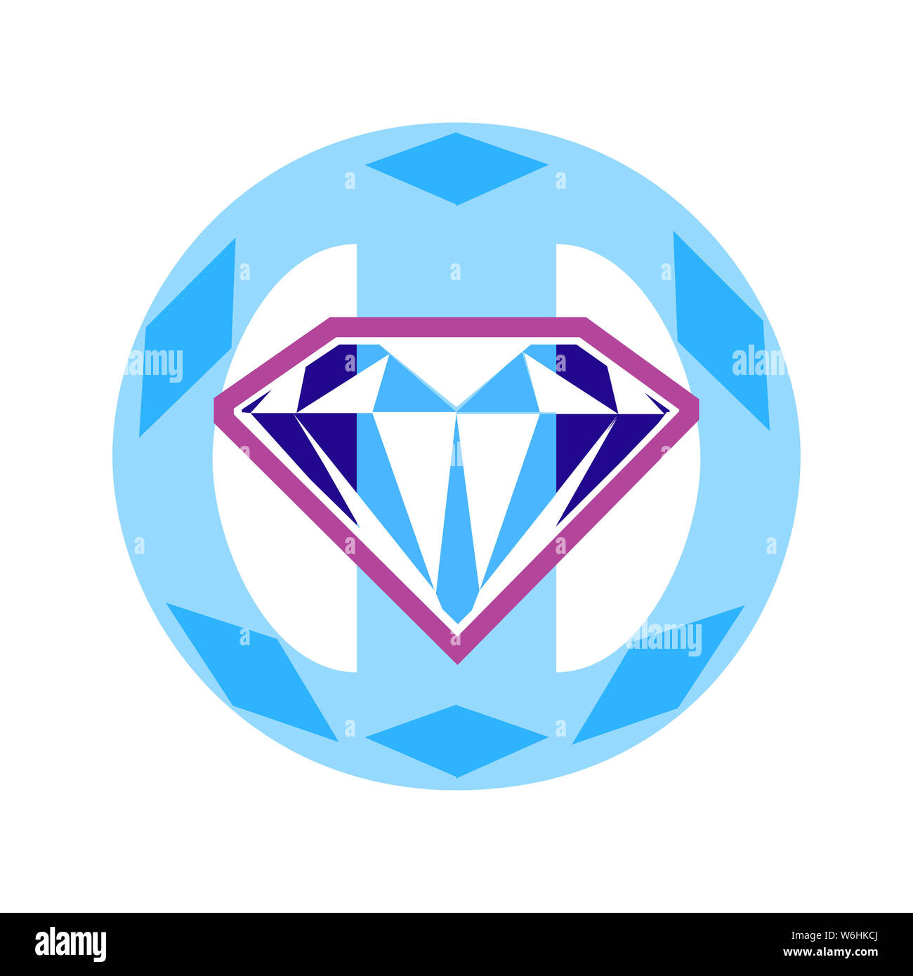A diamond icon in front of a soccer ball shape with a circle of basic diamond shapes. Stock Photo