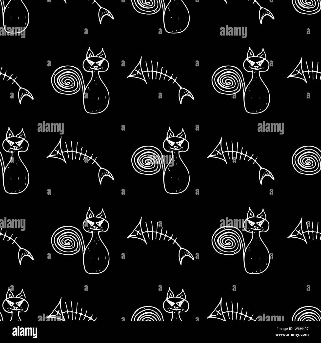 Seamless cat and fishbone Halloween outline, great design for any ...
