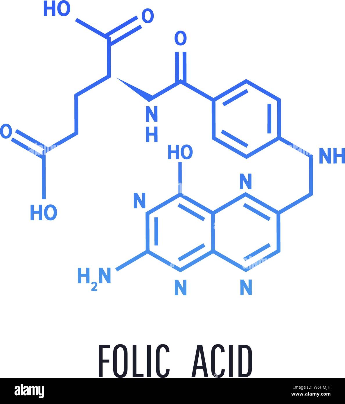 Folic acid structural formula. Structural formula of folic acid on a white background Stock Vector