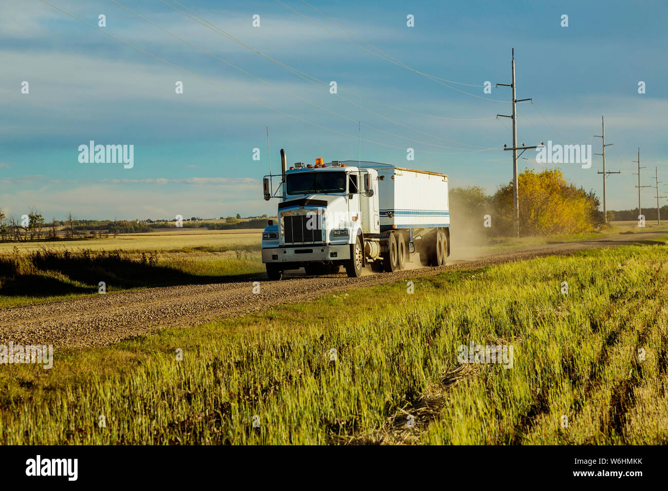 A grain truck traveling down a gravel road to get another load from a canola harvest; Legal, Alberta, Canada Stock Photo