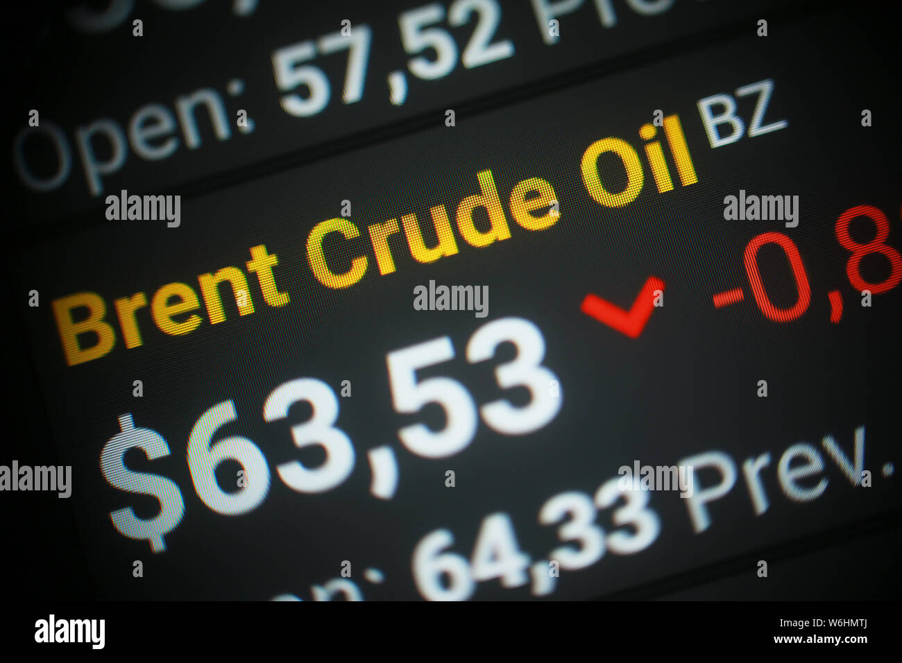 Brent Crude Oil (BZ) stock exchange indicator on computer screen Stock Photo