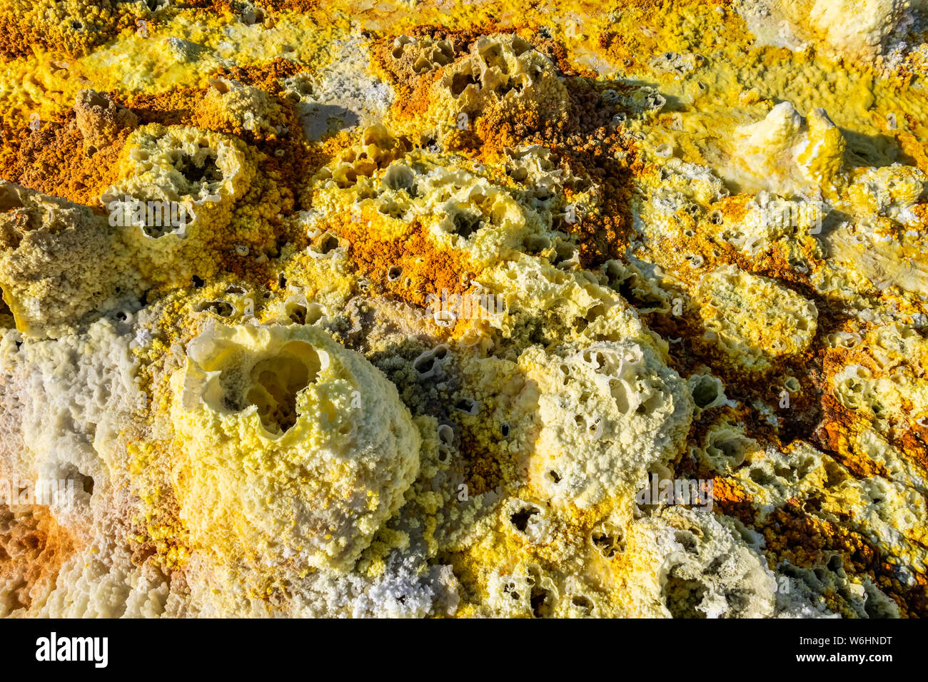 Acidic hot springs and geysers, mineral formations, salt deposits in the crater of Dallol Volcano, Danakil Depression; Afar Region, Ethiopia Stock Photo