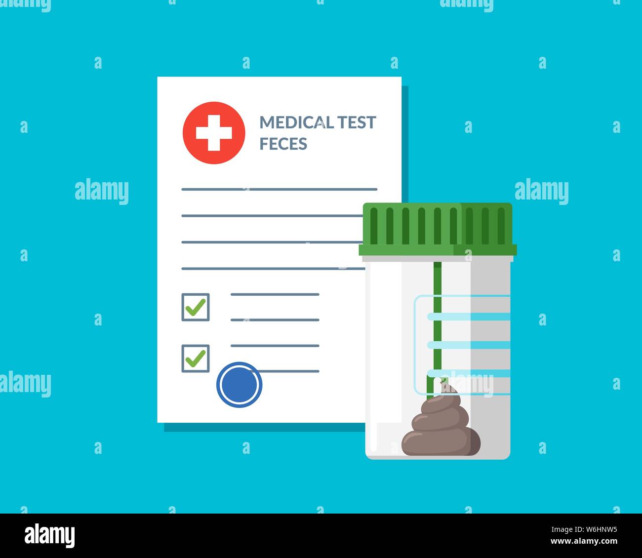 Plastic jar stool feces test analysis and medical form list with results data and approved check mark vector illustration. Flat clinical checklist document. Insurance or medicine examination concept Stock Vector