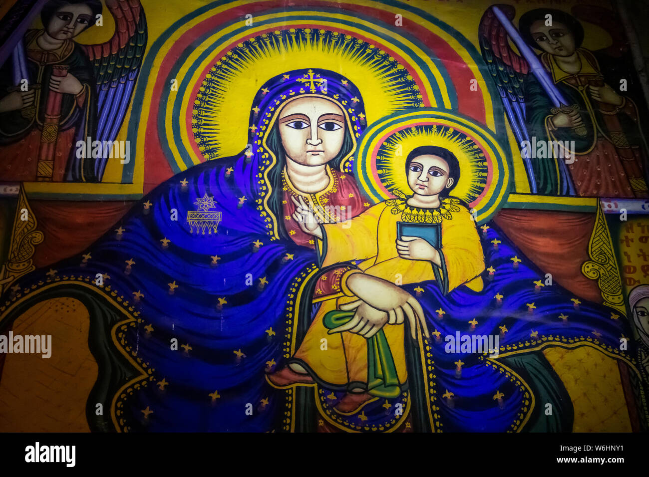 Ethiopian Orthodox ecclesiastical mural, depicting the Virgin and Child, in the interior of the Cathedral of Tsion Maryam (Our Lady Mary of Zion), ... Stock Photo