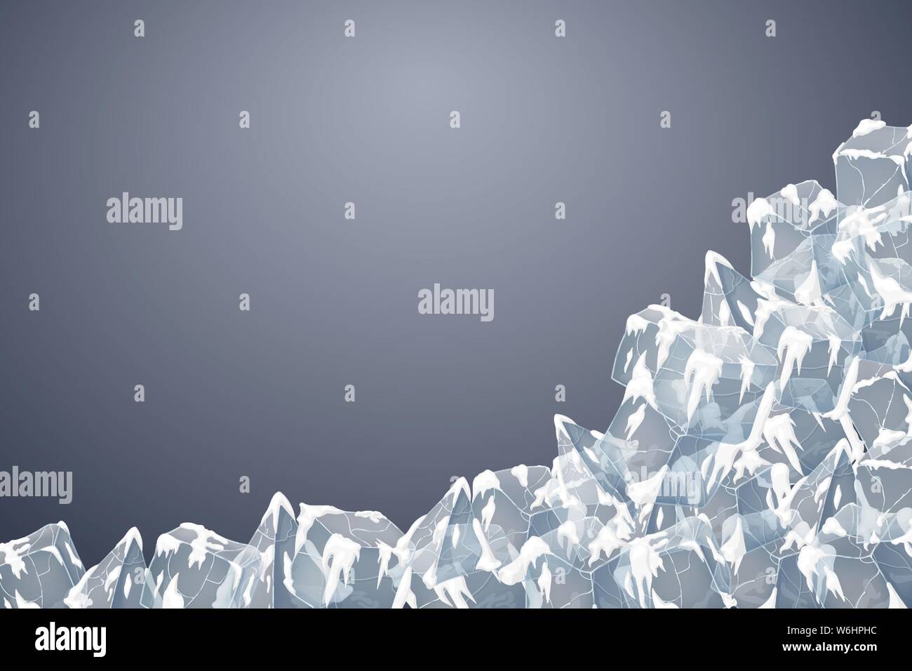 Transparent ice and snow crystal heap. Vector illustration. Iced bricks. Dark blue background. Stock Vector