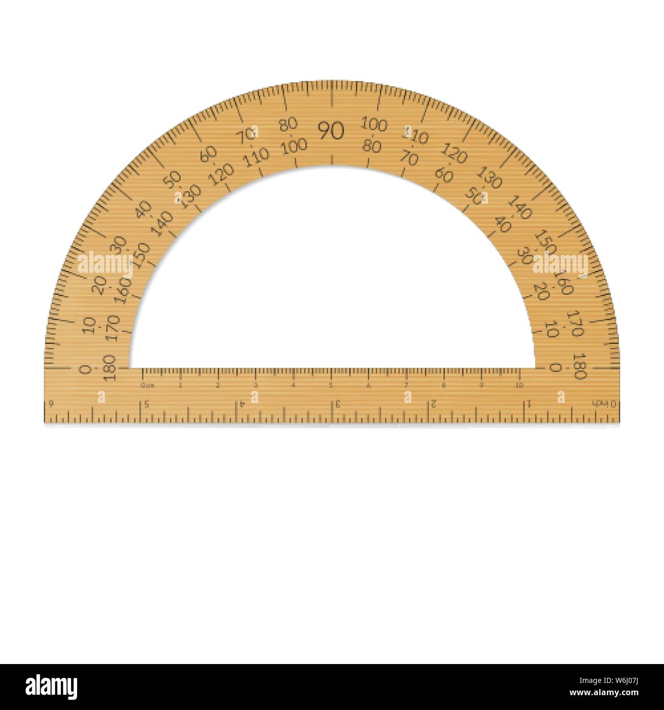 Wooden circular protractor with a ruler in metric and imperial units