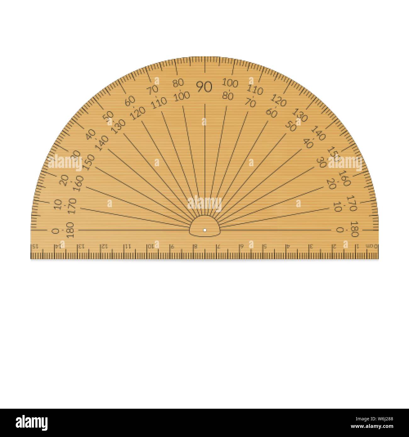 Wooden circular protractor with a ruler in metric units Stock Vector