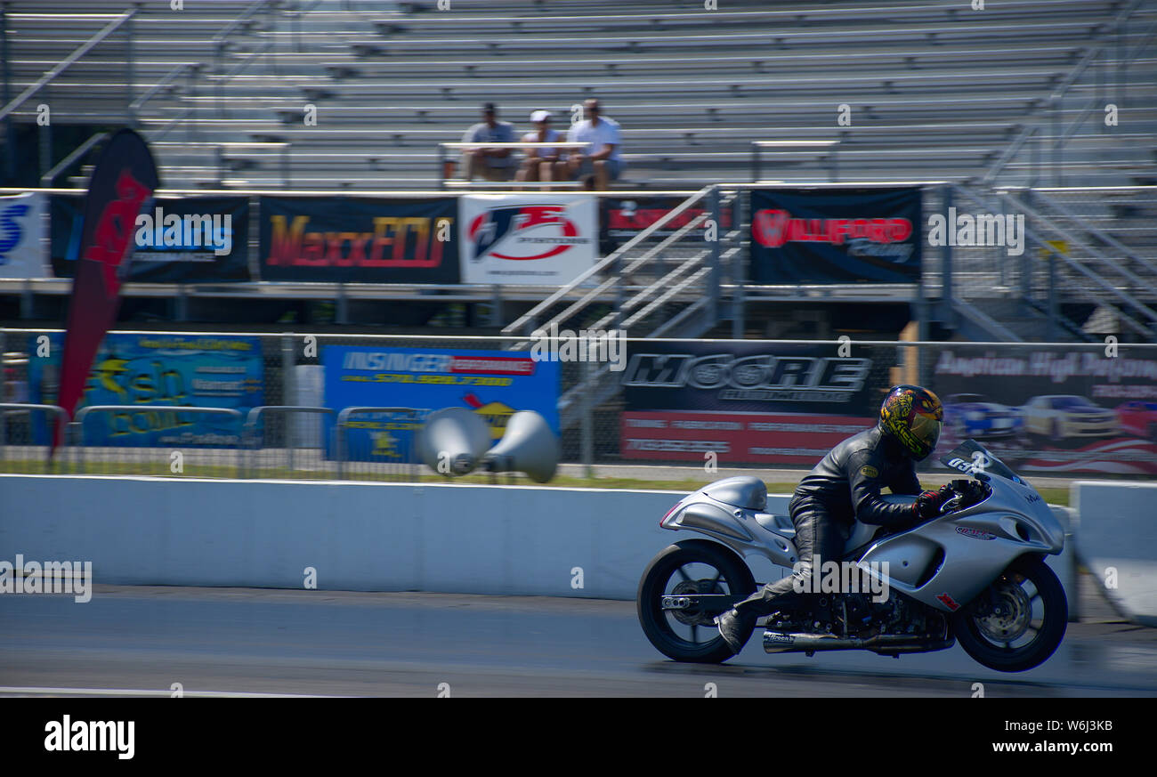 Single Motorcycle during drag race at Maryland National Raceway Stock