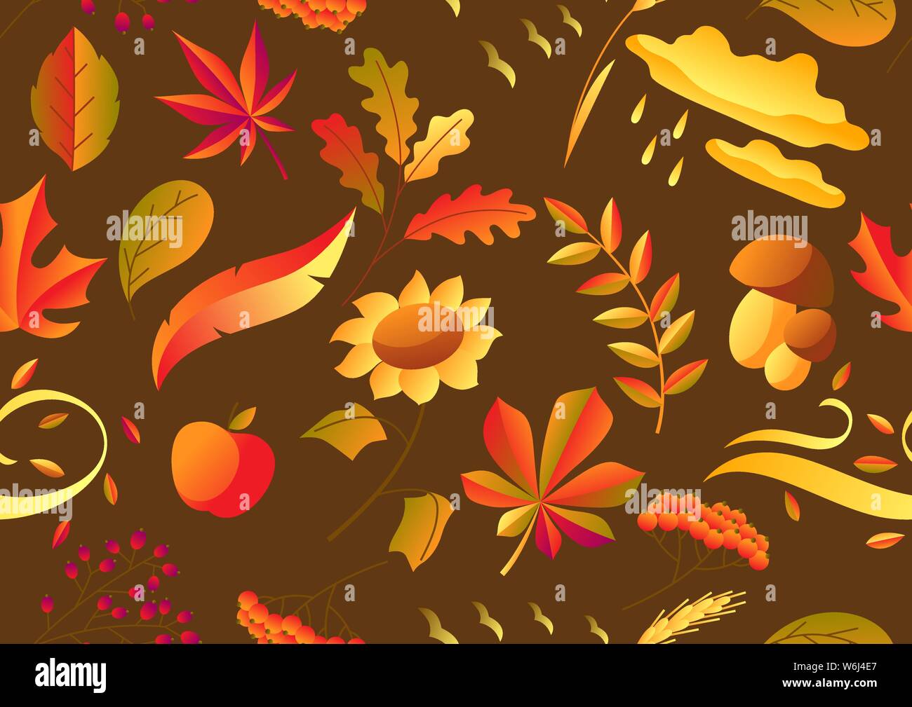 Seamless pattern with stylized autumn items. Falling leaves, berries and plants. Stock Vector