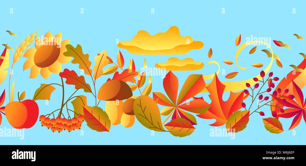 Seamless pattern with stylized autumn items. Falling leaves, berries and plants. Stock Vector