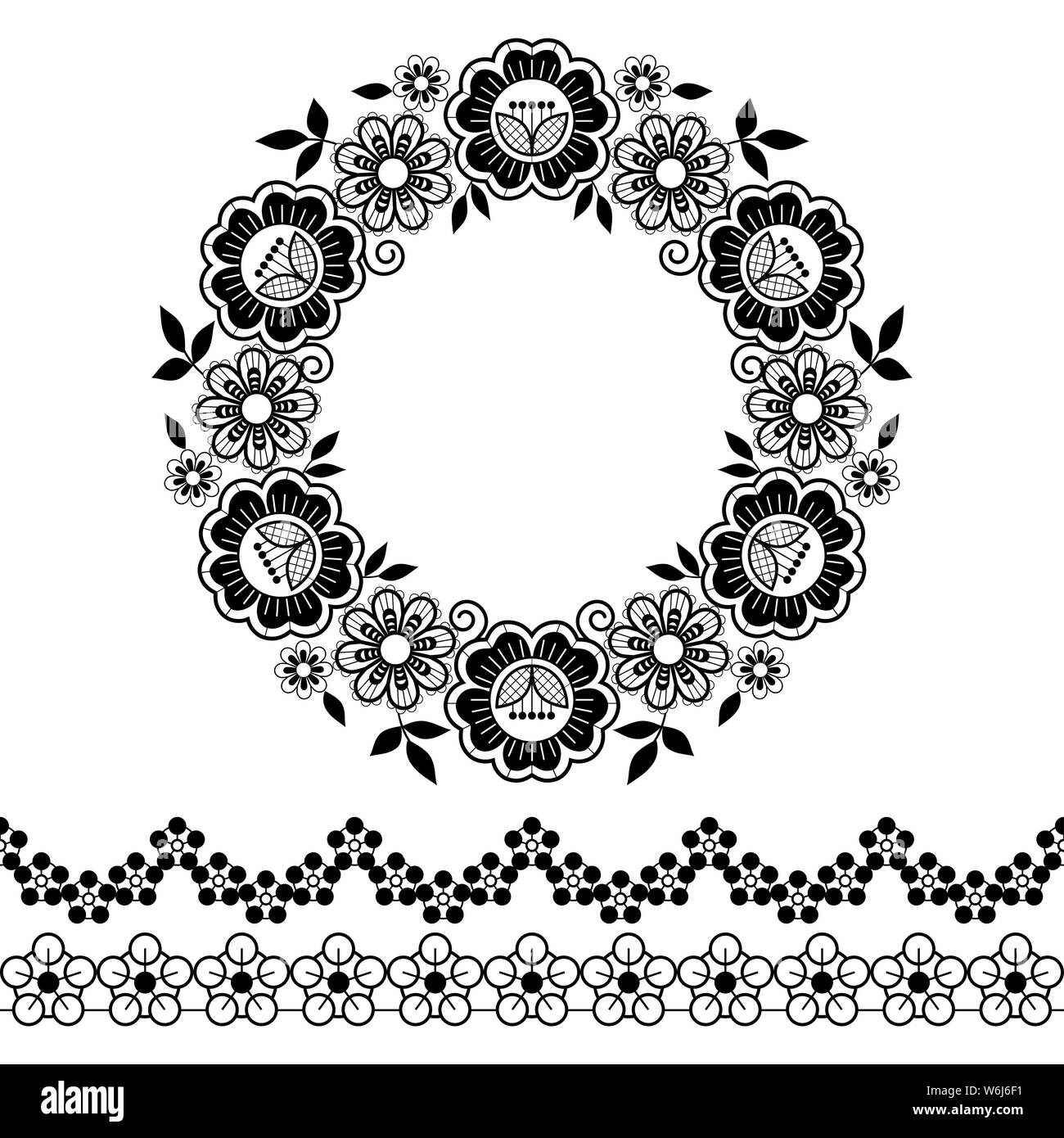 Mandala lace vector pattern, monochrome round design with flowers and swirls in black and white Stock Vector