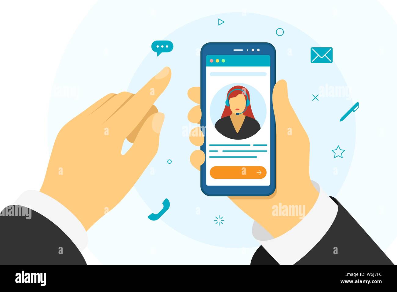 Hotline support concept. Hand holding smartphone with online female assistant in headset avatar. Call center and communication technologies customer service woman vector communication illustration Stock Vector