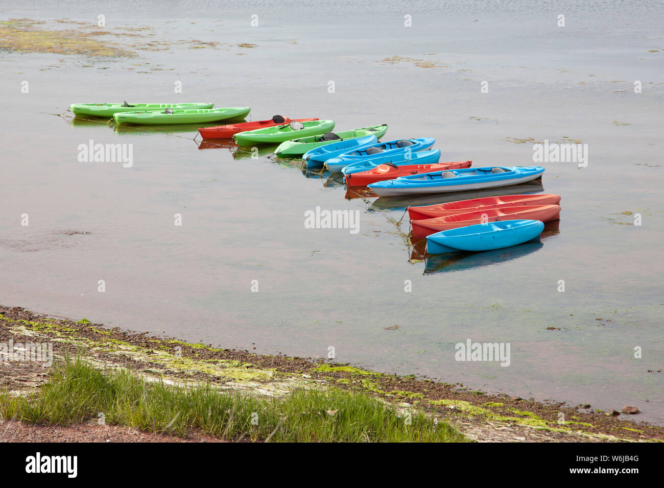 different size and colours of kayaks lined up in the water Stock Photo