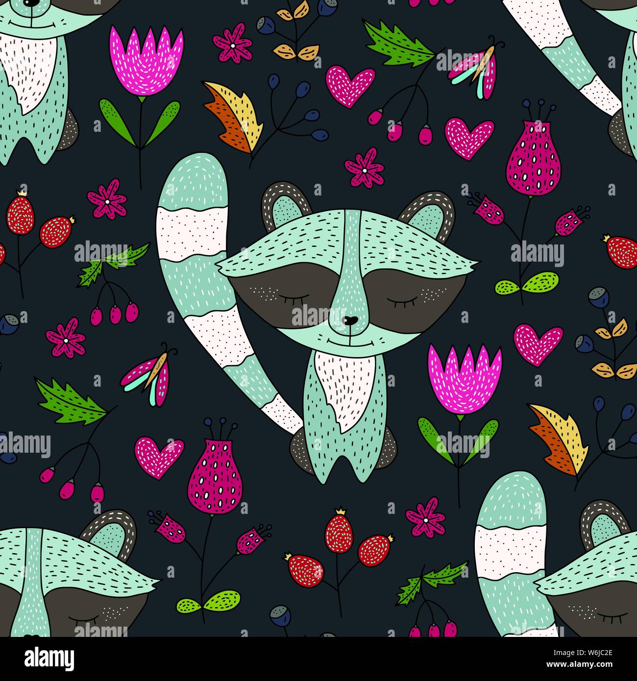 Seamless vector forest pattern with cute color illustrations - sleeping ...