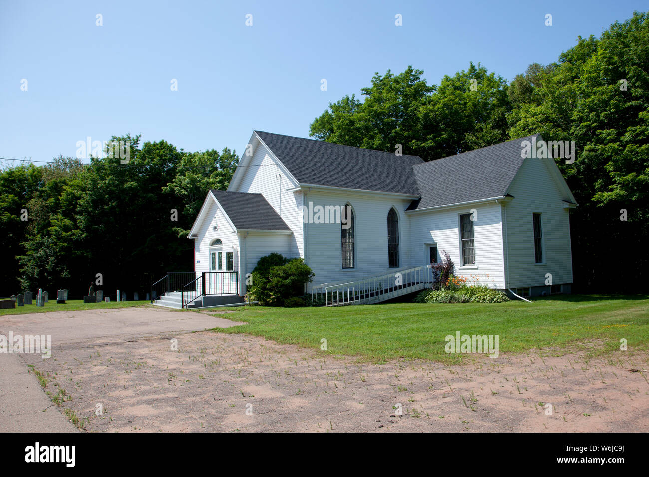 July 26, 2019: Freetown, PEI- The cemetery and church in Freetown of the United faith Stock Photo