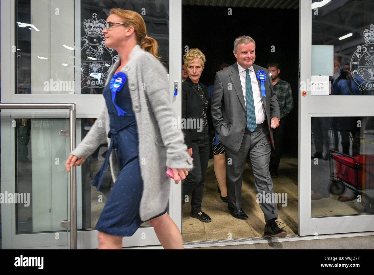 Conservative candidate Chris Davies arrives as they await the results of the Brecon and Radnorshire by-election at the Royal Welsh Showground, Llanelwedd, Builth Wells. Stock Photo