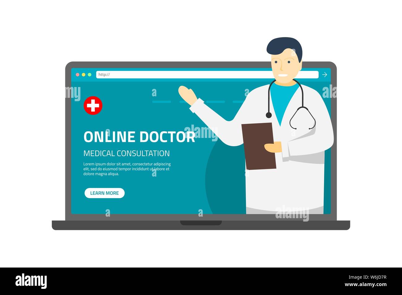 Health care online medical consultation support assistance. Doctor therapist male with stethoscope on computer screen. Vector flat illustration internet consulting hospital diagnosis service Stock Vector