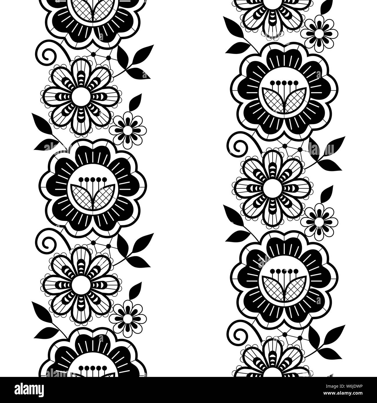 Seamless lace vertivcal long pattern set, monochrome horizontal design with roses, flowers and swirls, detailed Stock Vector