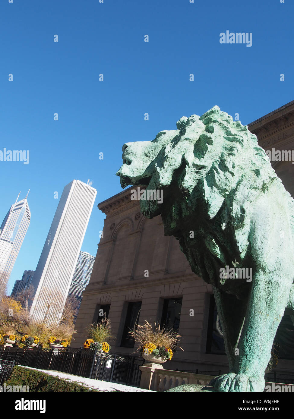 Museum in Chicago. Lion statue. City Stock Photo Alamy