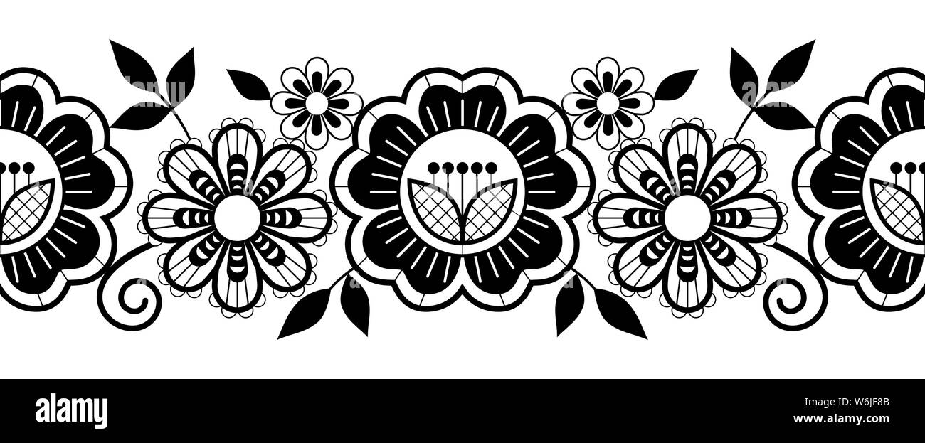 Seamless lace vertical long pattern set, black and white horizontal design with roses, flowers and swirls, detailed lace motifs Stock Vector