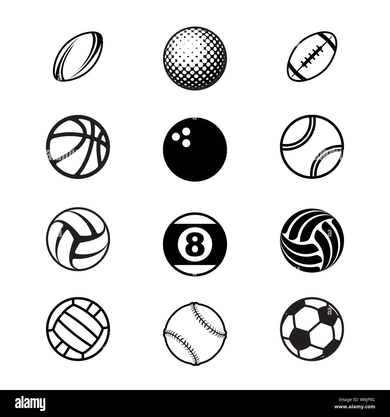Set of different black sport balls isolated on white background Stock ...