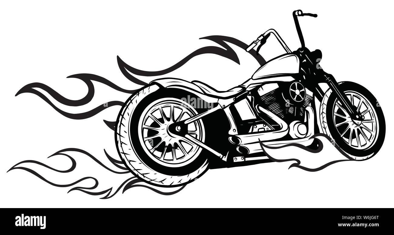 Dramatic burning motorcycle engulfed in fierce fiery orange flames and