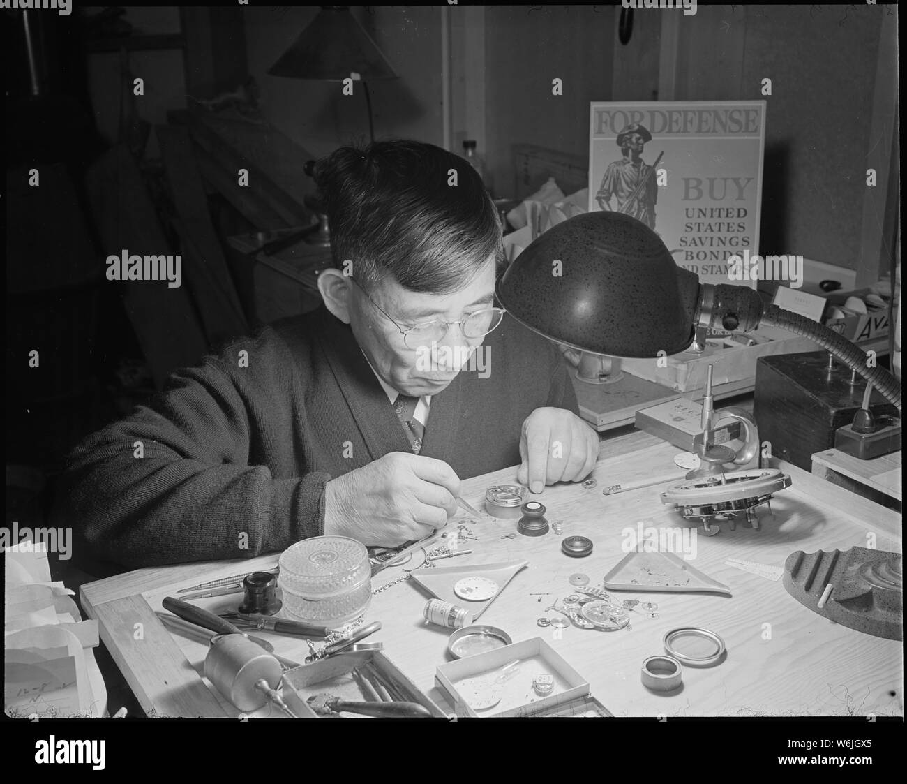 Minidoka Relocation Center. Sokichi Hoshide. Watch repair shop Stock