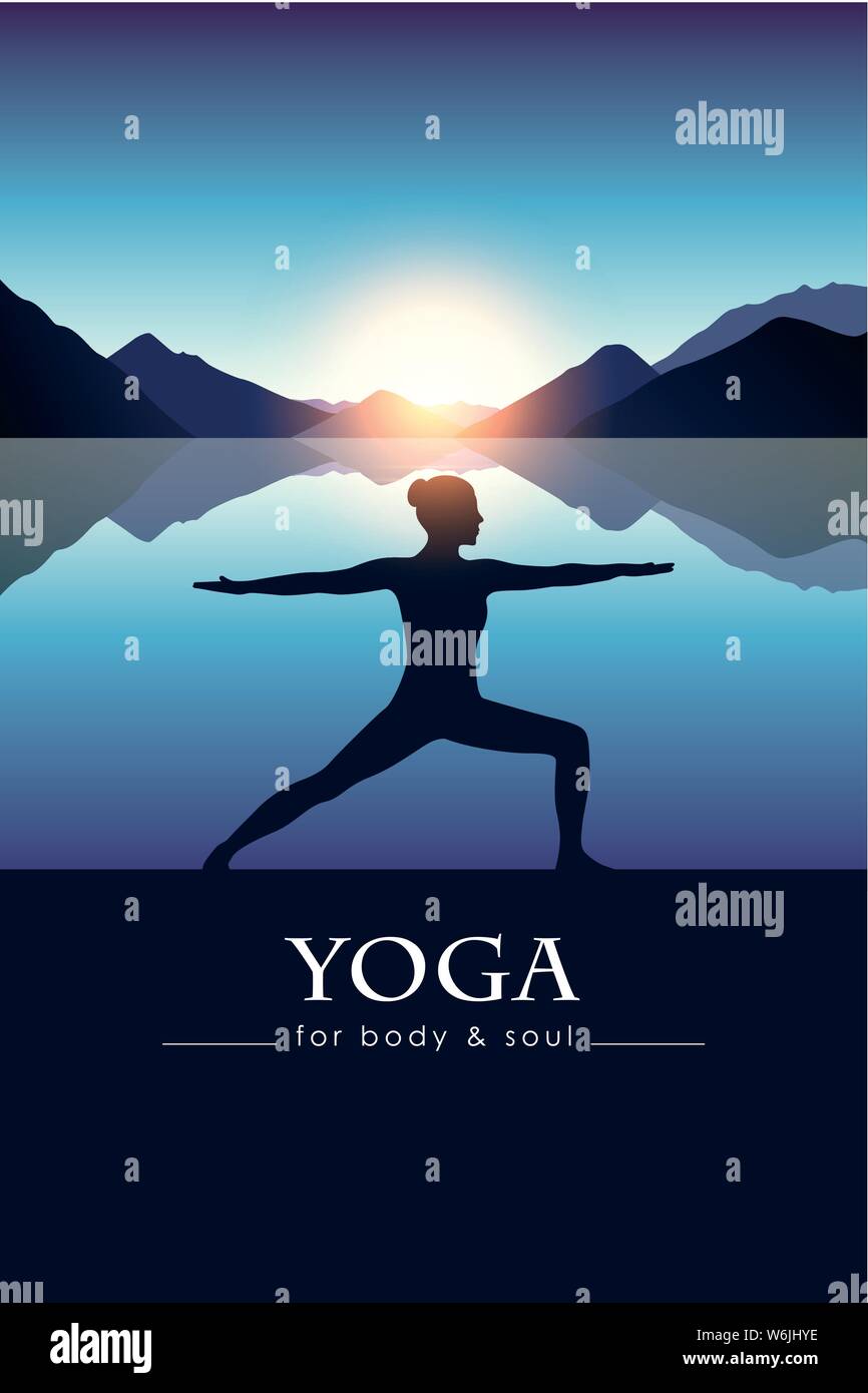 yoga for body and soul meditating girl silhouette by the lake with blue mountain landscape vector illustration EPS10 Stock Vector