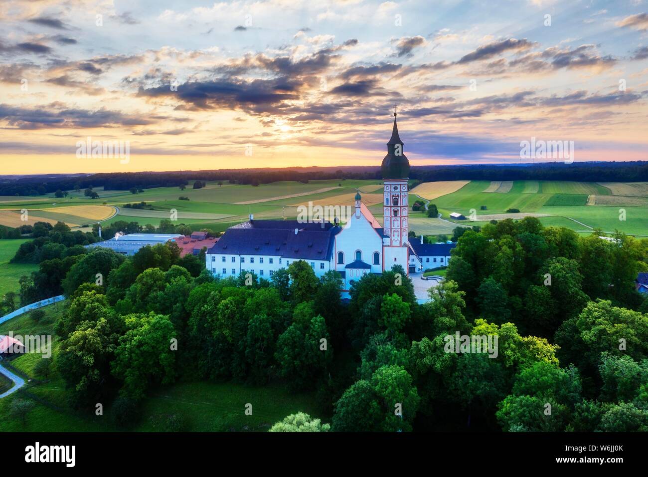 Andechs Monastery, aerial view at sunrise, five lakes, Pfaffenwinkel, Upper Bavaria, Bavaria, Germany Stock Photo