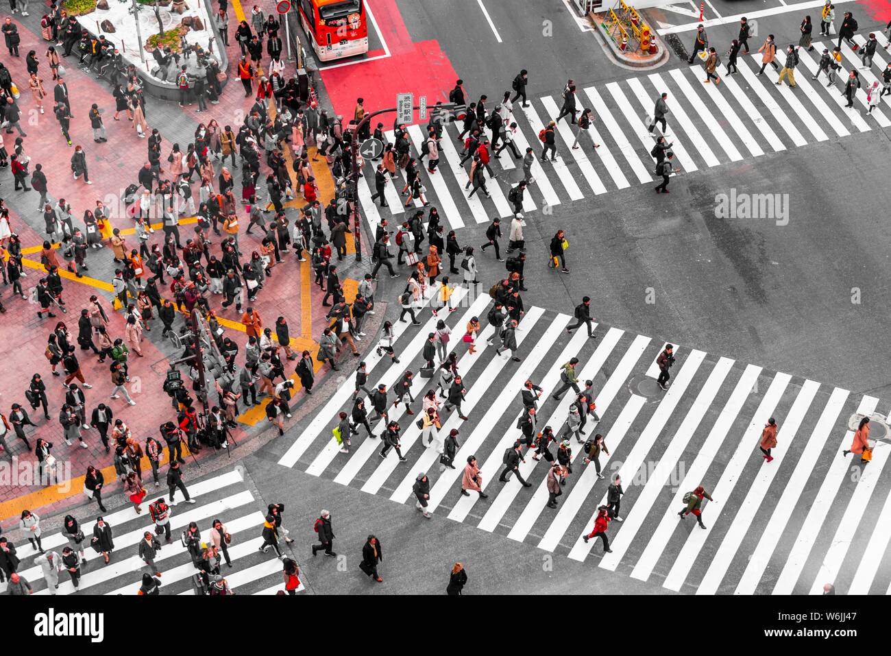 Shibuya crossing, crowds at intersection, many pedestrians cross zebra crossing, Shibuya, Udagawacho, Tokyo, Japan Stock Photo