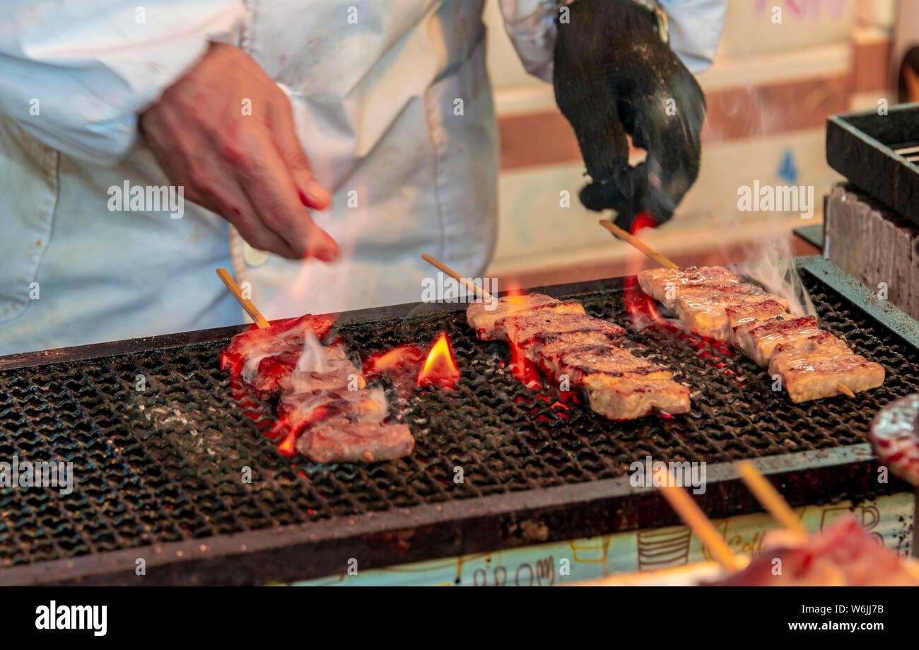 Grilled meat skewers at a food stand, Hanami Fest, Ueno Park, Tokyo, Japan Stock Photo Alamy