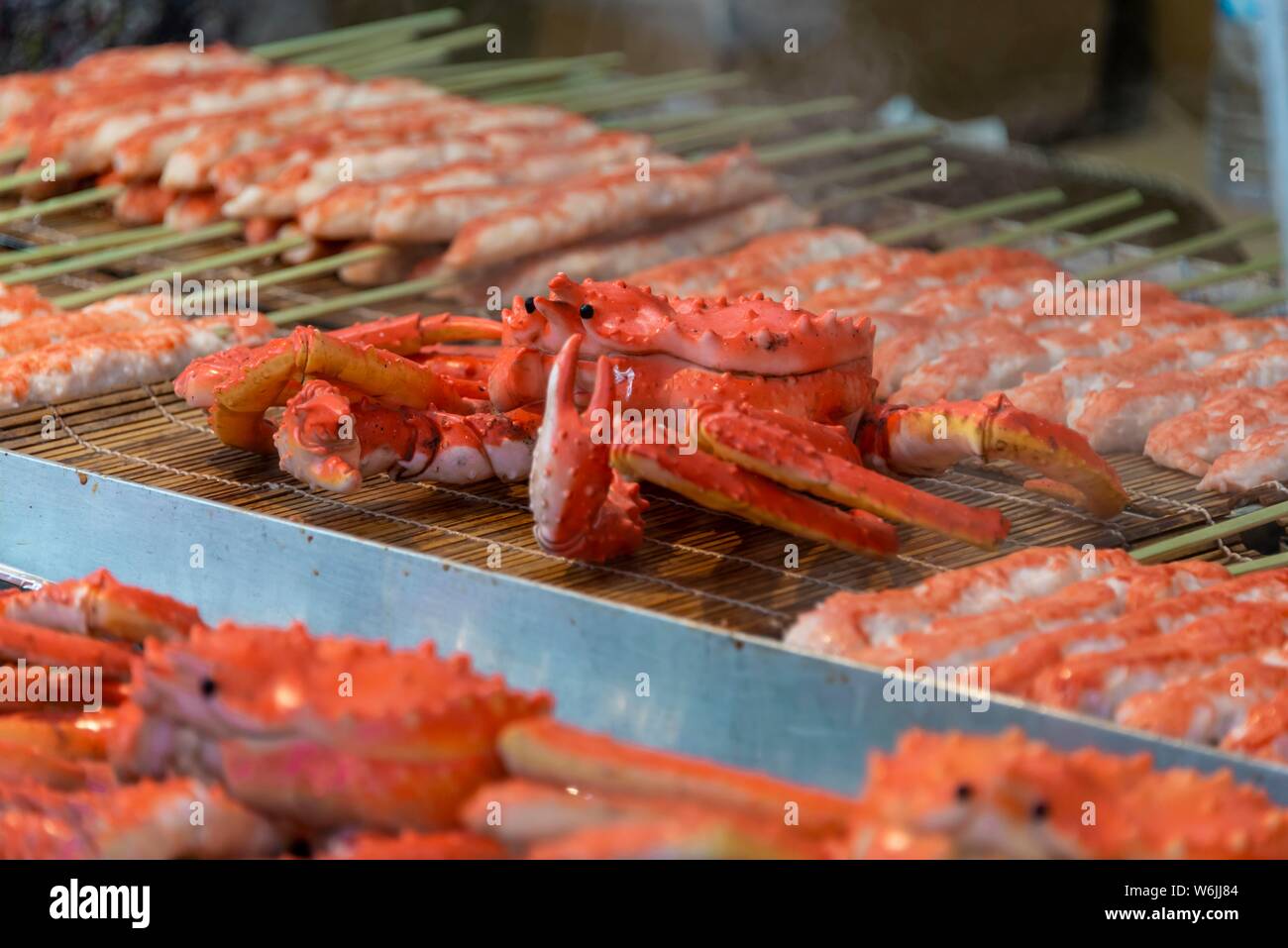 Grilled crabs at a food stand, Hanami Fest, Ueno Park, Tokyo, Japan Stock Photo