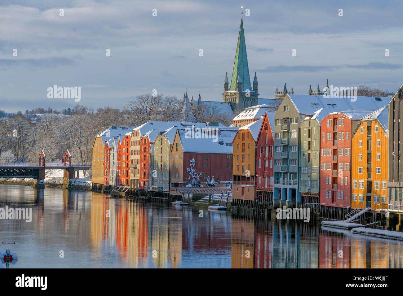 Warehouses, River Nidelv, Nidaros Cathedral, Trondheim, Norway Stock Photo