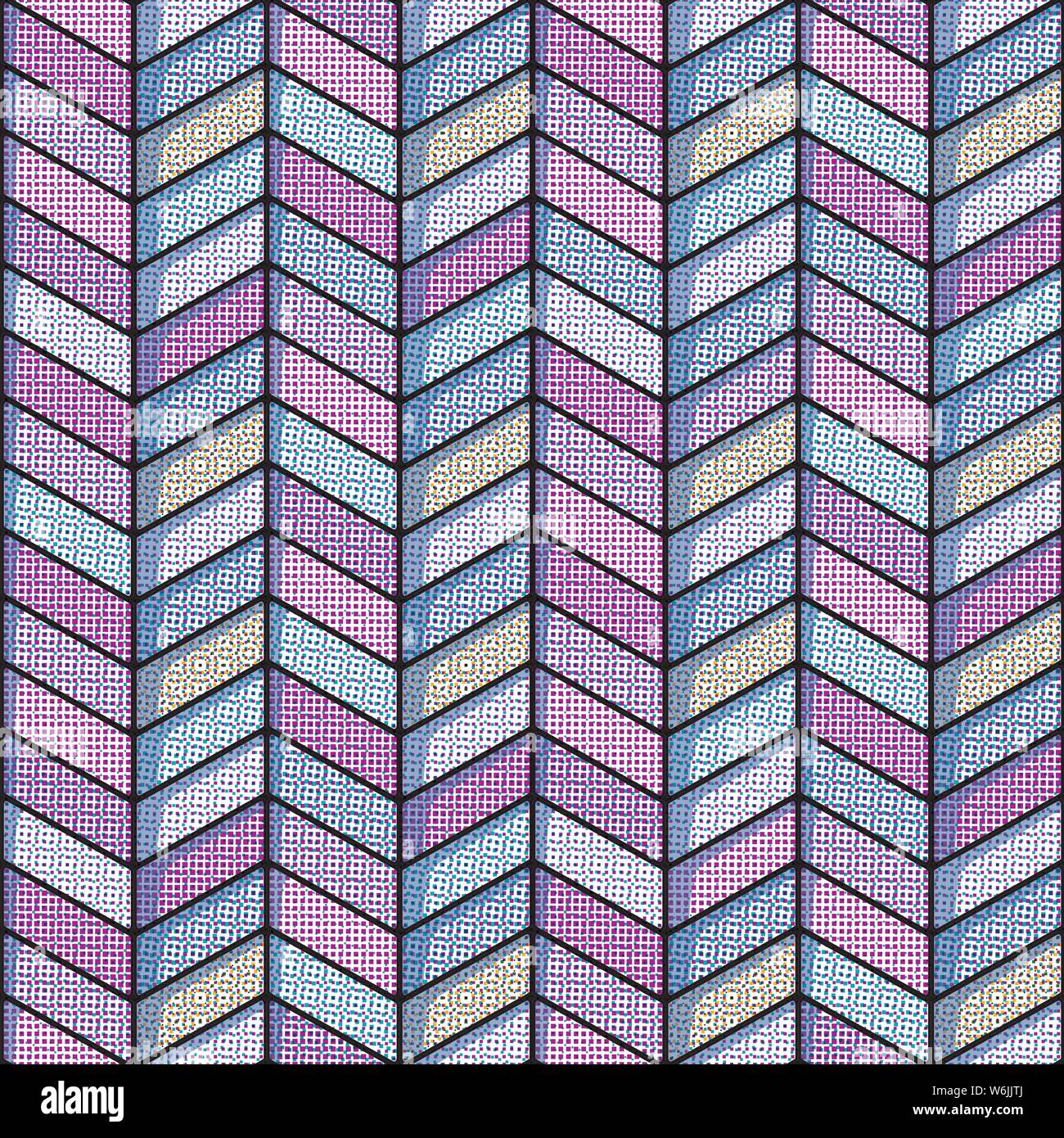 Herringbone halftone seamless background in cool tones. Soft cornered repeating brick pattern with black background. EPS10 vector format. Stock Vector