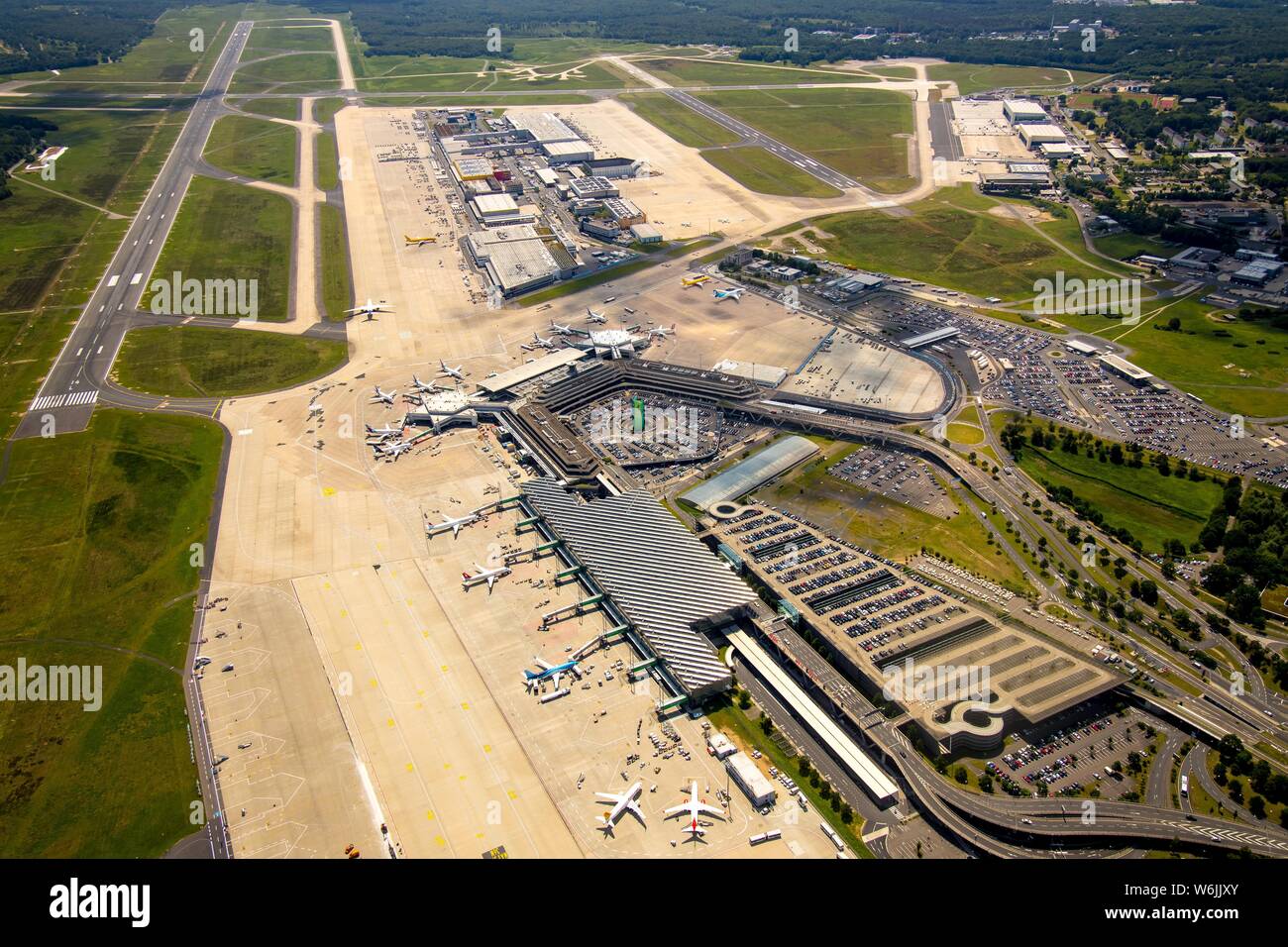 Aerial view, Cologne/Bonn Airport Konrad Adenauer with check-in fingers, gates with travel jets, commercial aircraft, international airport in Stock Photo