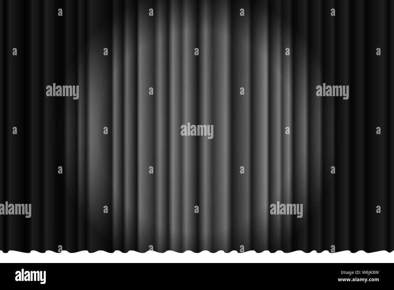 Closed silky luxury black curtain stage background spotlight beam illuminated. Theatrical cloth entertainment drape. Vector eps gradient illustration Stock Vector