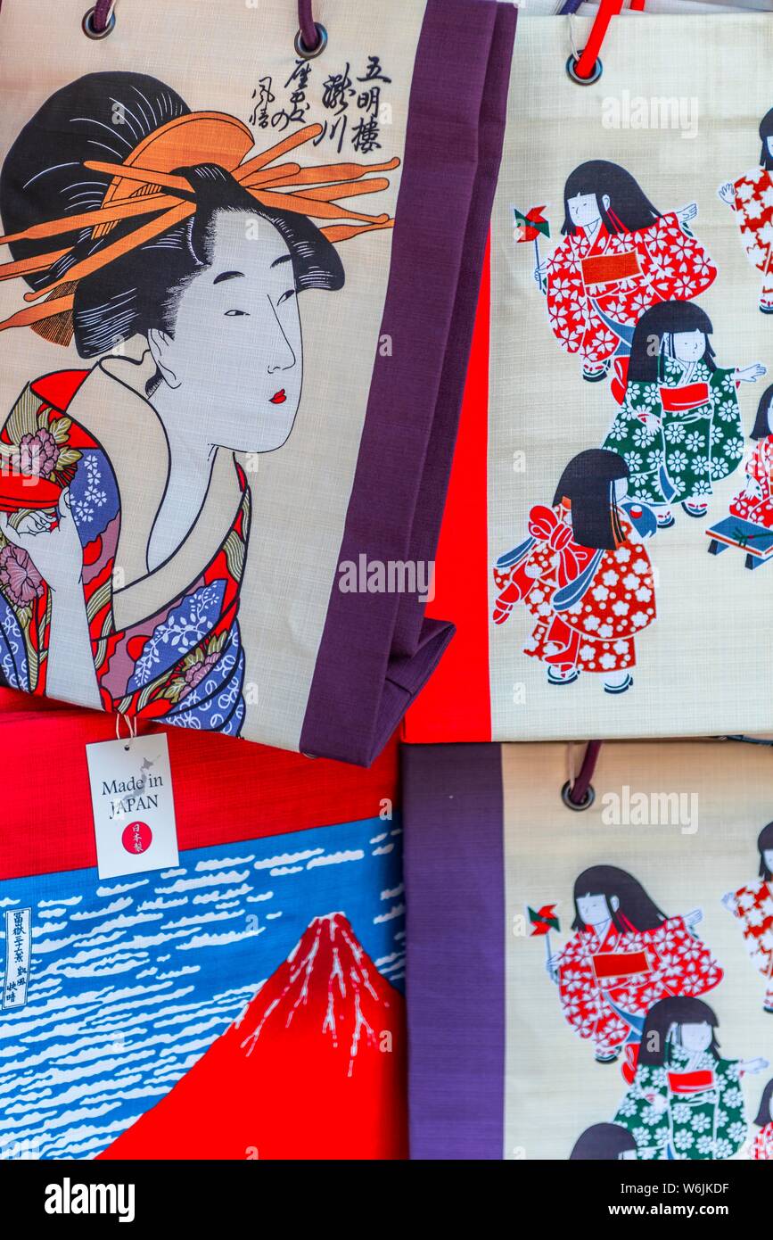 Bags painted with Japanese motifs, Geisha illustrations, Asakusa, Tokyo, Japan Stock Photo