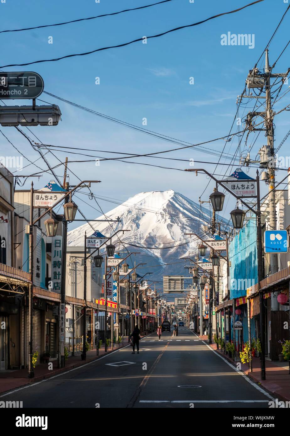 Street scene in a residential area, view of volcano Mt. Fuji, Fujiyoshida, Yamanashi Prefecture, Japan Stock Photo