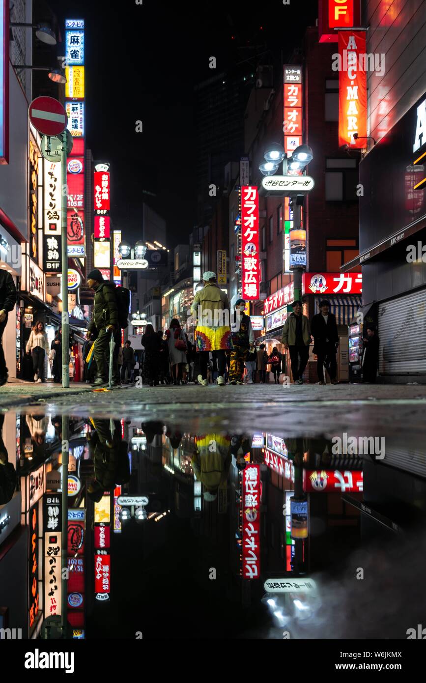 Pedestrian, street with illuminated advertising and advertising signs at night, reflection, Udagawacho, Shibuya, Tokyo, Japan Stock Photo