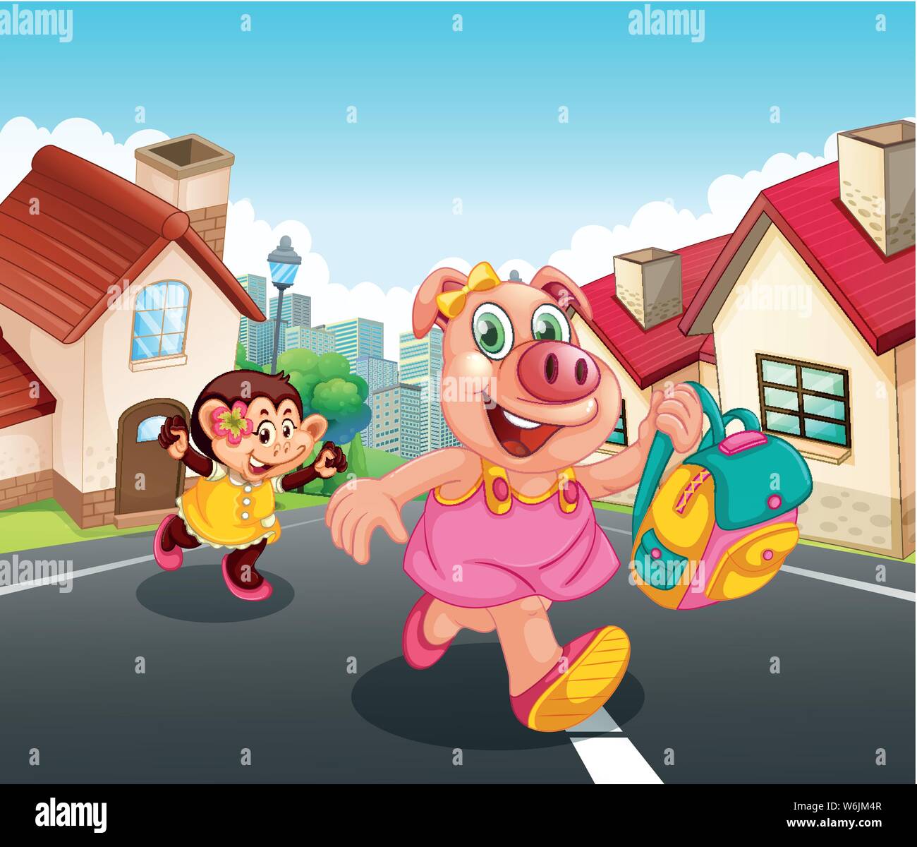 Pig and monkey running on road illustration Stock Vector