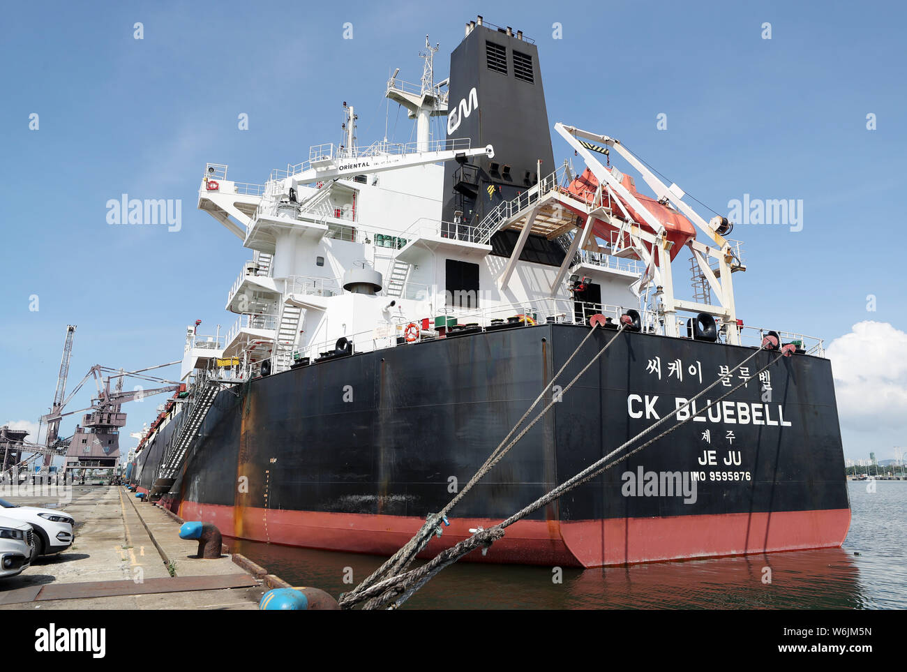02nd Aug, 2019. Korean ship arrives after being attacked by pirates A South Korean freighter, the 44,132-ton CK Bluebell, is moored at a port in the city of Incheon, west of Seoul, on Aug. 2, 2019. The ship's arrival came after it was attacked by pirates near the Singapore Strait on July 22. During the attack, pirates armed with guns and knives assaulted sailors of the South Korean-registered vessel before making off with US$13,000 in cash. Credit: Yonhap/Newcom/Alamy Live News Stock Photo