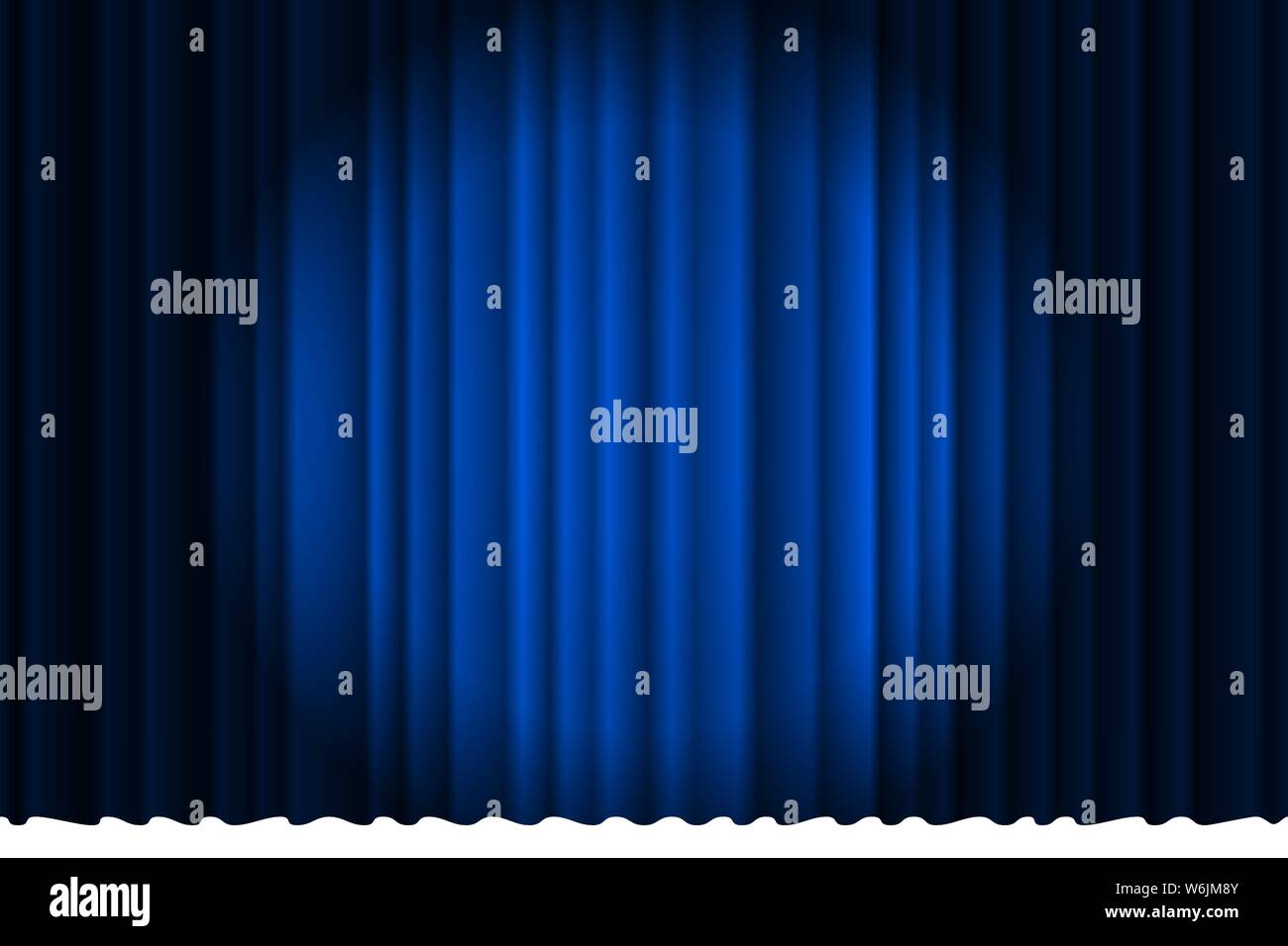 Closed silky luxury blue opera curtain stage background spotlight beam