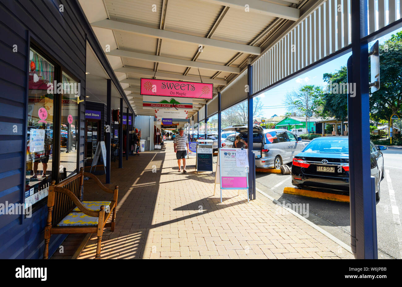 Shops and verandah in the main street of the small rural town of Maleny, Queensland, QLD, Australia Stock Photo