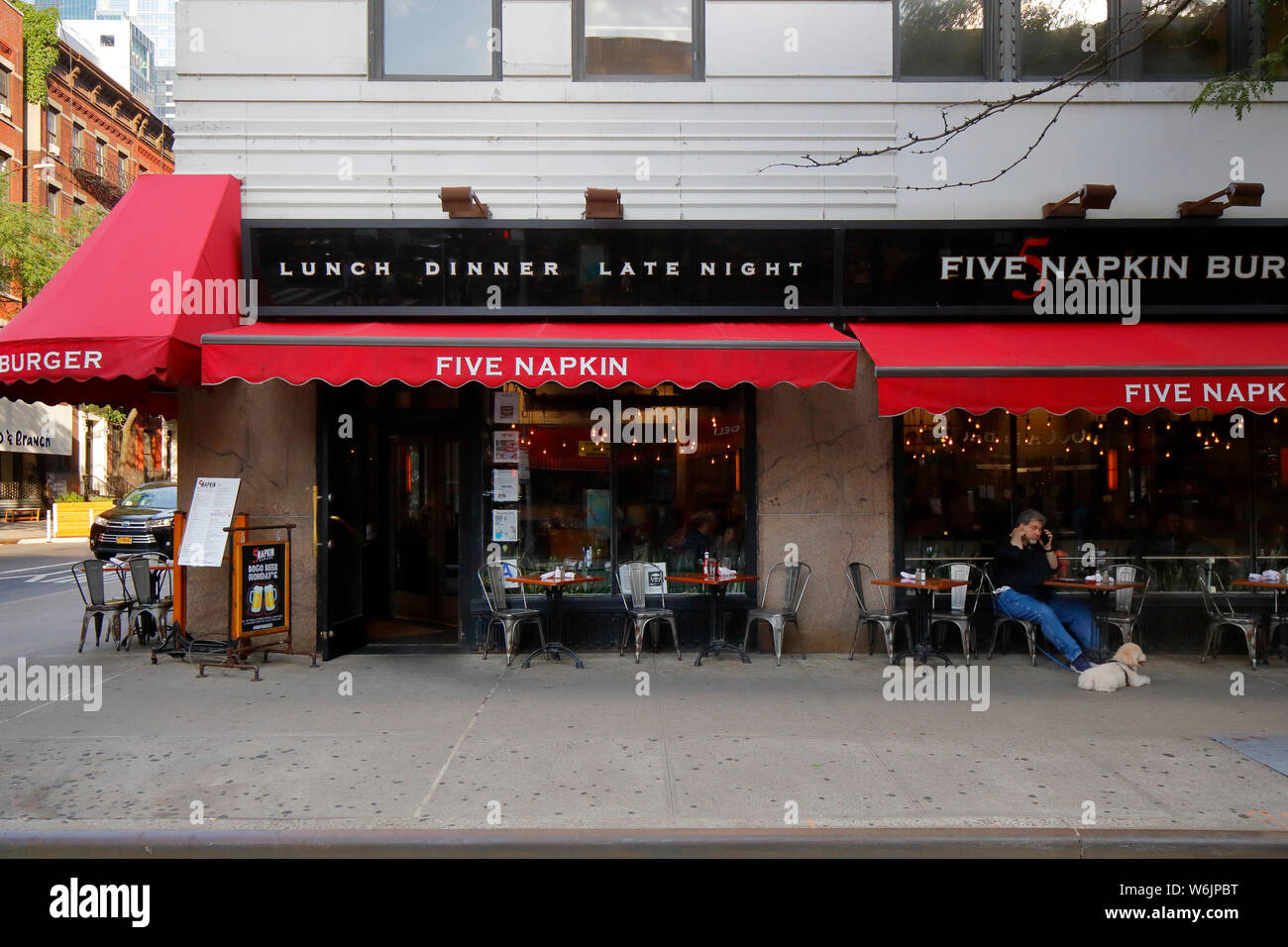 5 Napkin Burger, 630 9th Ave, New York, NY. exterior storefront of a restaurant in the Hells Kitchen neighborhood in Manhattan. Stock Photo