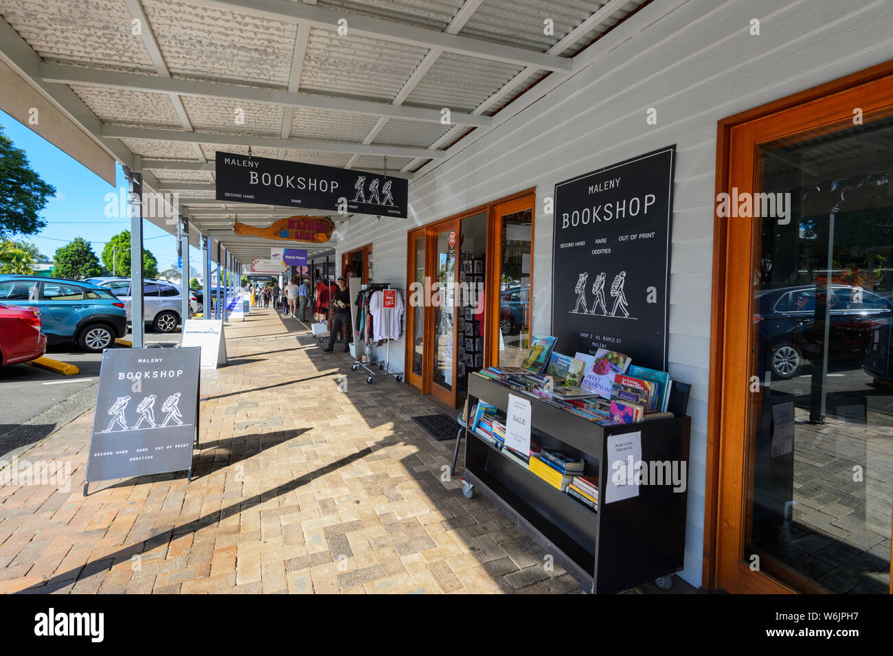 Shops along verandah in the main street of the small rural town of Maleny, Queensland, QLD, Australia Stock Photo