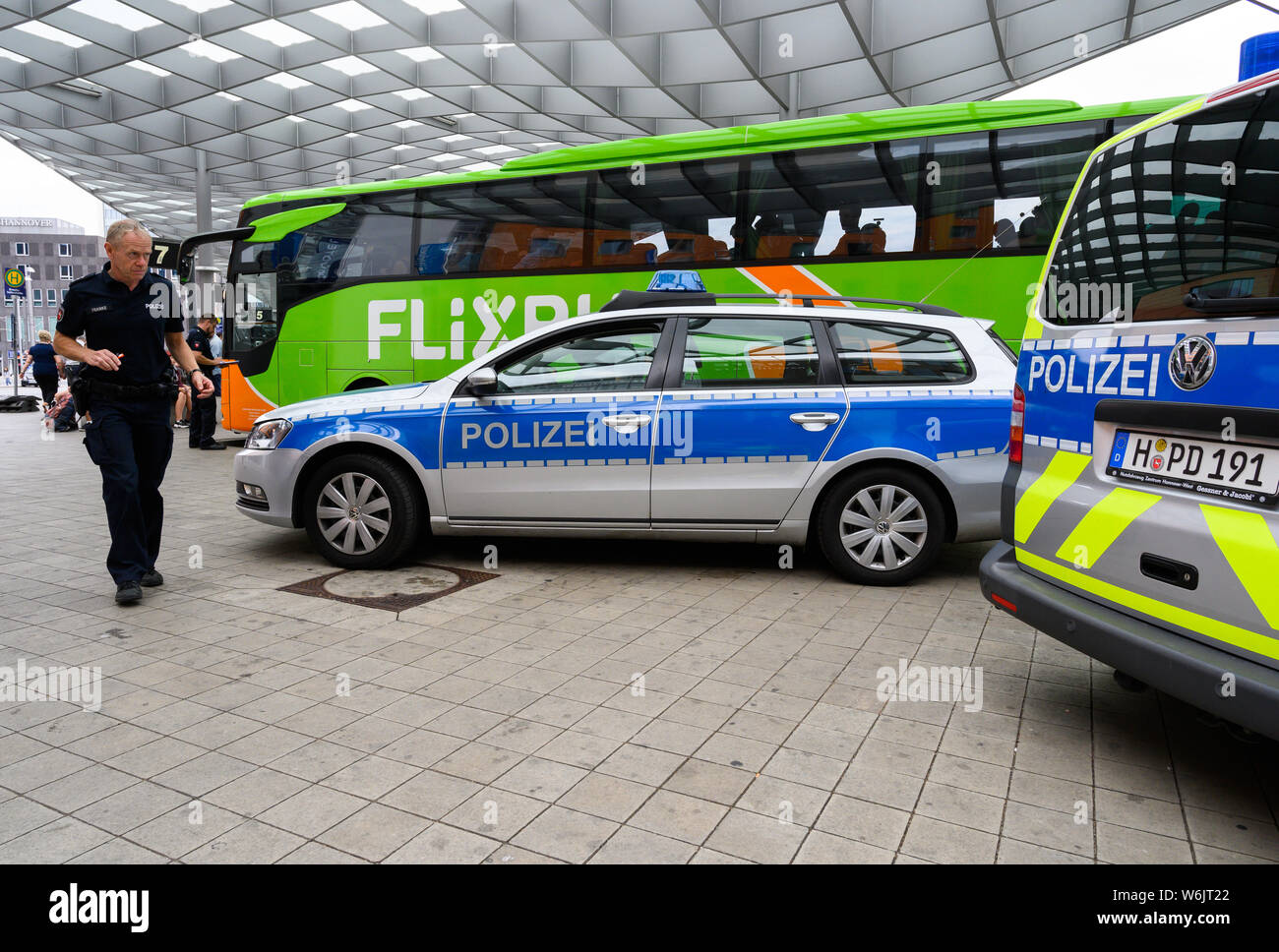 Hanover Germany 01st Aug 19 Police Cars Are Parked At The Central Bus Station Hannover Next To A Coach Of The Provider Flixbus The Police Inspected Several Buses At The Zob Hannover