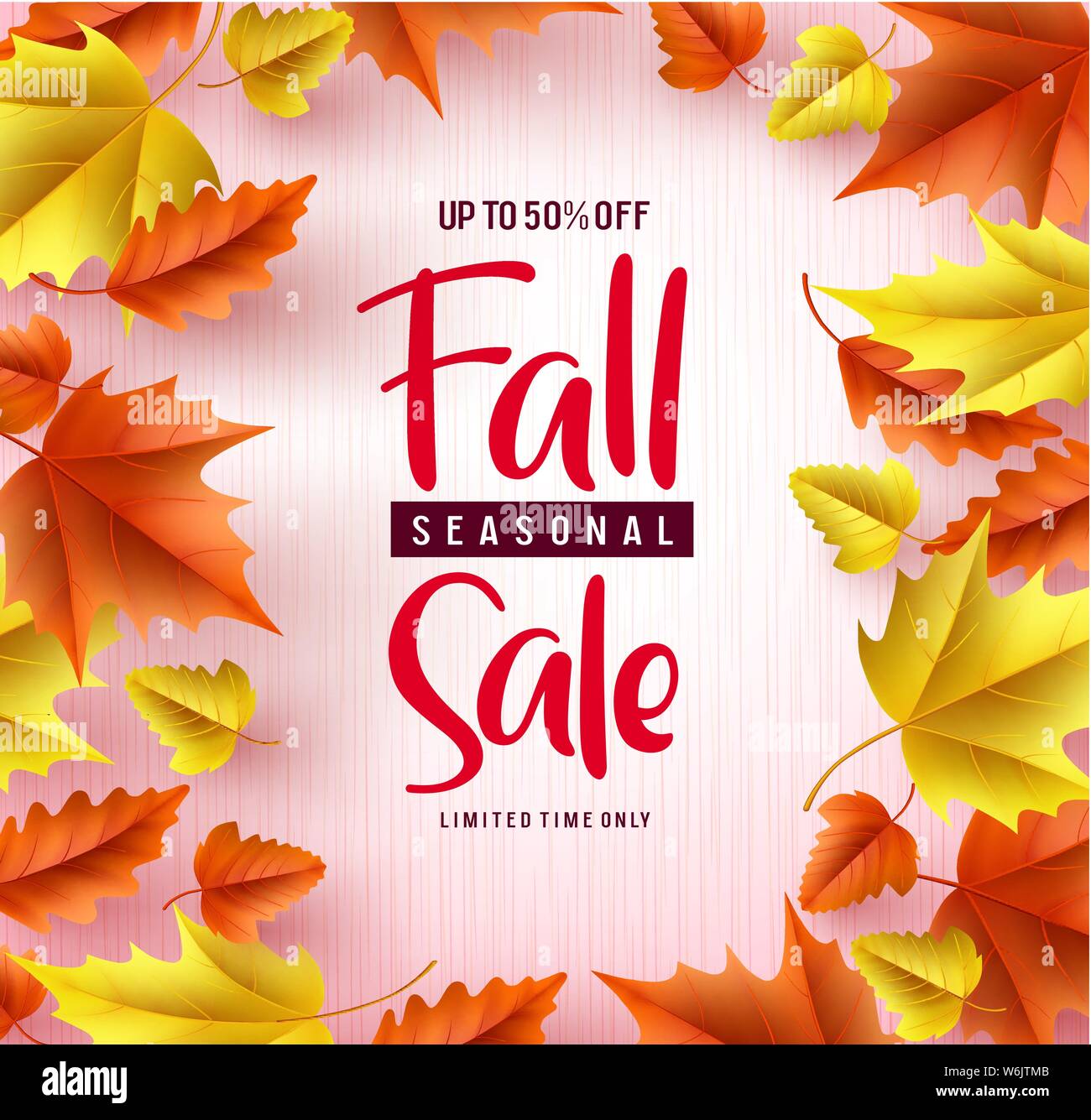 Fall season sale vector banner background. Fall seasonal sale text with colorful maple and oak leaves border in white textured background Stock Vector