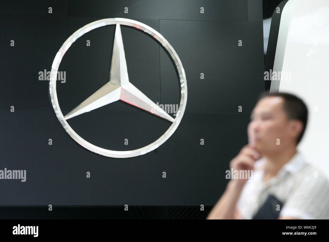 --FILE--View of a logo at the stand of Mercedes-Benz of Daimler during the 2014 Pudong International Automotive Exhibition in Shanghai, China, 14 Augu Stock Photo