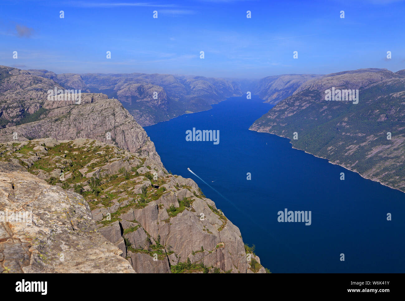 Lysefjord aerial panoramic view from the top of the Preikestolen cliff near Stavanger Stock Photo