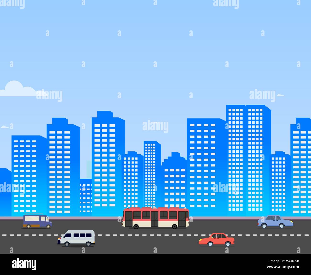 Cityscape with cars on street and sky background vector illustration.Buildings landscape. Daytime cityscape in flat style.Modern city scene design Stock Vector